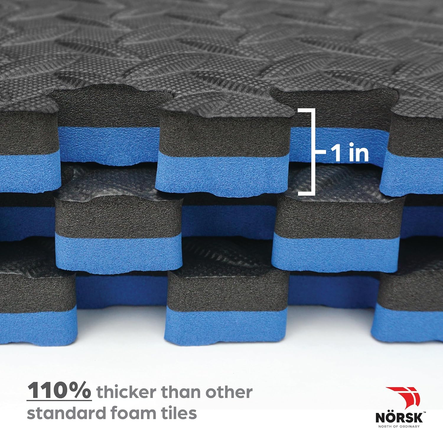 NÖRSK Duräflex Medium-Duty Reversible Interlocking Foam Floor Tiles, Diamond Plate Texture, Black/Blue, 24 X 24 X .47 in., 6-Pack (24 sq. ft.) (Black/Blue, 1.0" Thick)