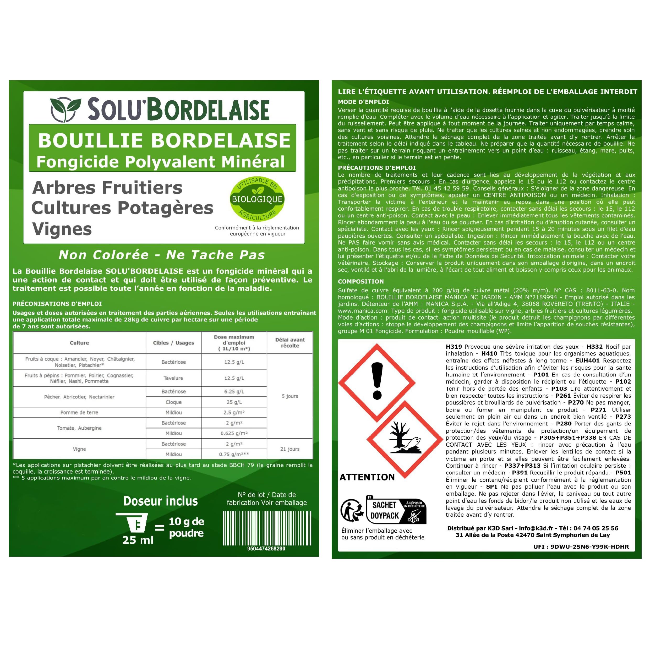 Solu'Bordelaise - 3 kg de Bouillie Bordelaise - Mildiou de la Vigne - Utilisable Agriculture Biologique - 3 Sachets Refermable de 1 kg