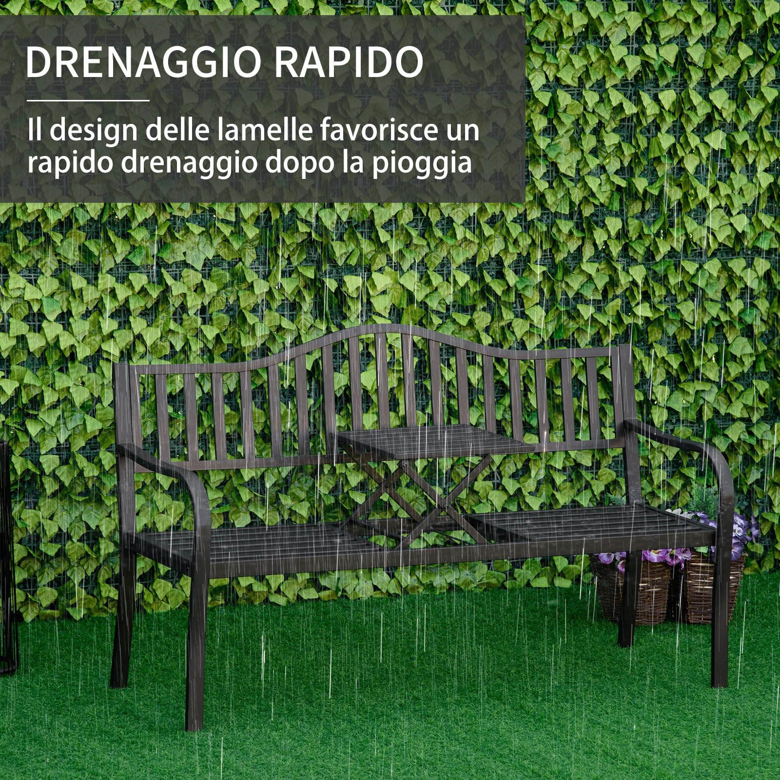 Outsunny Panchina da Giardino a 2-3 Posti in Metallo, Panchina da Esterno con Tavolino Sollevabile, Schienale a Doghe e Braccioli, per Balcone Esterno e Patio, 150x58.5x90 cm, Nero