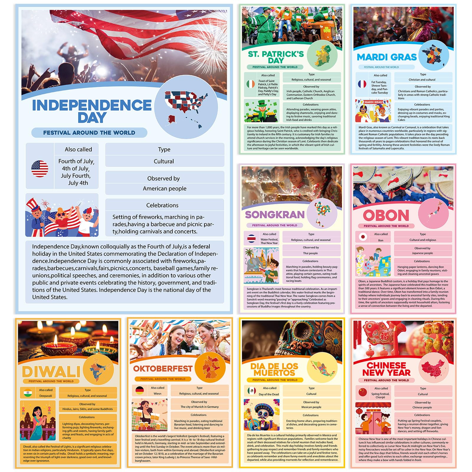 gisgfim 9Pcs Festivals Around the World Poster Set Social Studies Classroom Educational Learning Materials Multicultural Diversity Classroom Bulletin Board Chalkboard Wall Decorations School Supplies