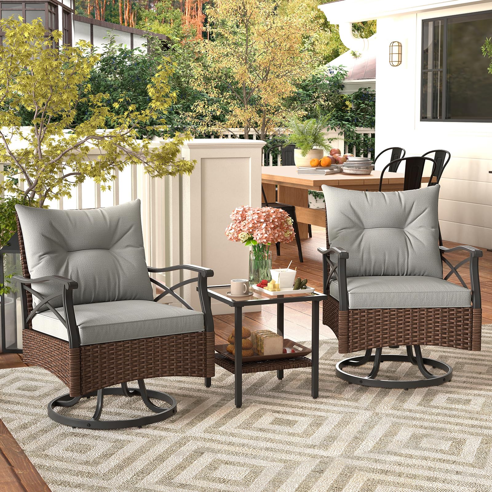 COSTWAY Rattan Gartenmöbel Set, Balkonmöbel inkl. 2 Schaukelstühle mit Drehfunktion, Kissen & Tisch, Balkonset, Terrassenmöbel, Gartengarnitur, Sitzgruppe für Garten, Balkon, Terrasse