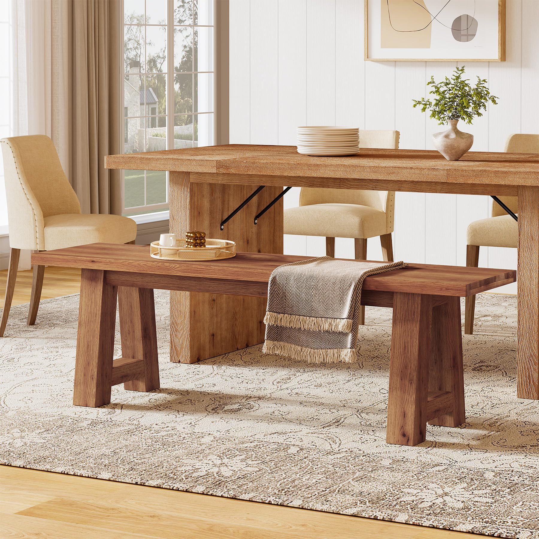 Solid Wood Dining Bench with A-Shaped Legs | 55.12-Inch Farmhouse Entryway Bench Indoor for Hallway, Kitchen, Dining Room, Living Room (Brown)