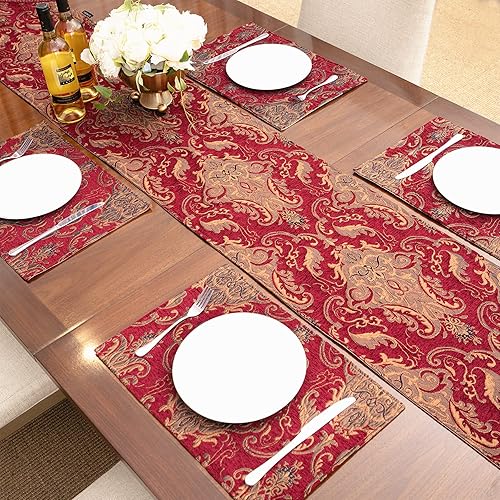 Miniatura 4 de Loom and Mill Juego de 6 manteles individuales de damasco de lujo para Navidad, juego de 6 manteles individuales de felpilla jacquard vintage para