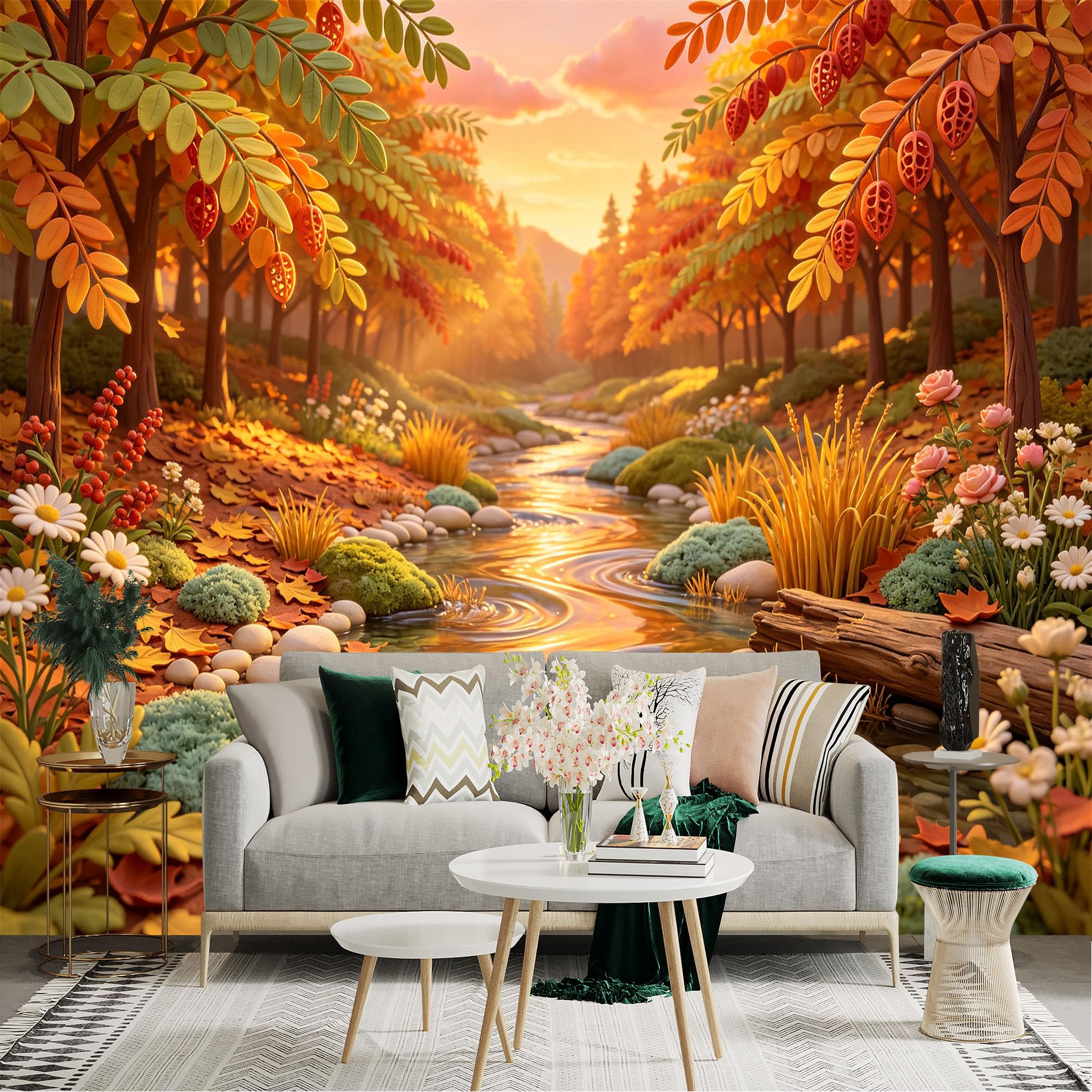 Lnzczhyre Bh260719113 Custom Size Wall Sticker Mural， Autumn Creek With Vibrant Foliage， Sunset Forest Landscape， Flowers By The Stream， For Wall Decoration， Peelandstick Wall Decals.