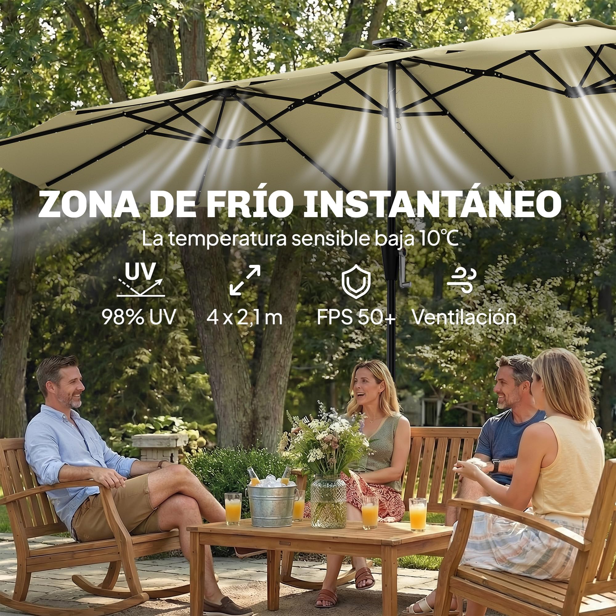 Outsunny Sombrilla Doble con 36 Luces LED Solares 4x2 m | Sombrilla Terraza Exterior, Manivela, UPF50+, 12 Varillas, Resistente al Agua, Parasol para Jardín, Terraza, Patio