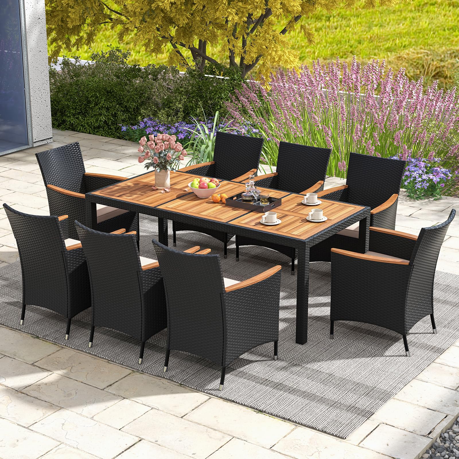 COSTWAY Conjunto Jardin Exterior 9 Piezas, Muebles Jardin Exterior de Acacia y Ratán, Mesa Rectangular y 8 Sillas Jardin con Cojines Extraíbles, Comedores Patio, Jardín y Piscina (Beige, 9)