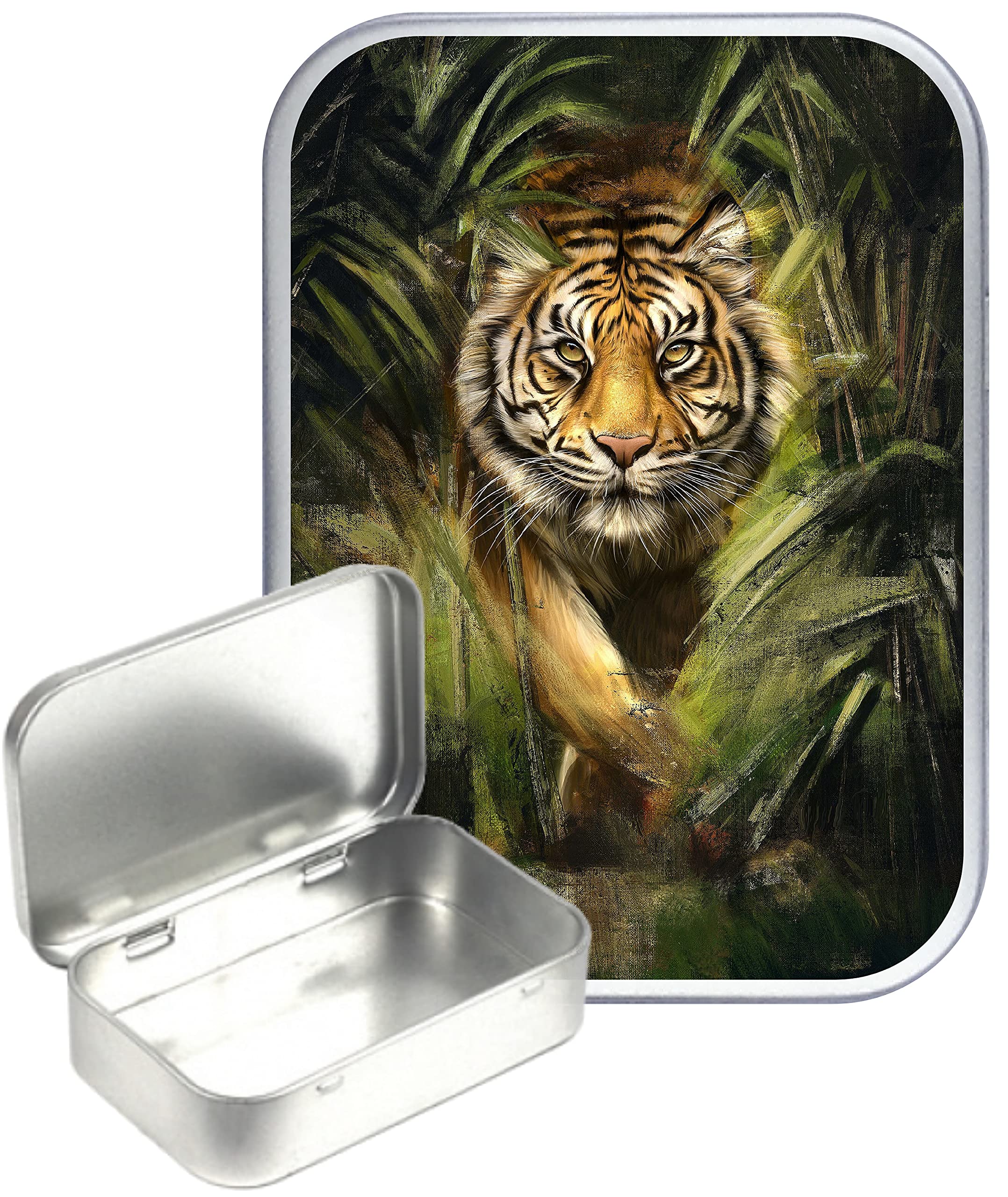 Teez Silver Tiger Jungle Hinged Tin,Small 30Ml Tin, Pill Tin, Pocket Tin, Gift Box, 1Oz Tobacco Tin, Herb Tin
