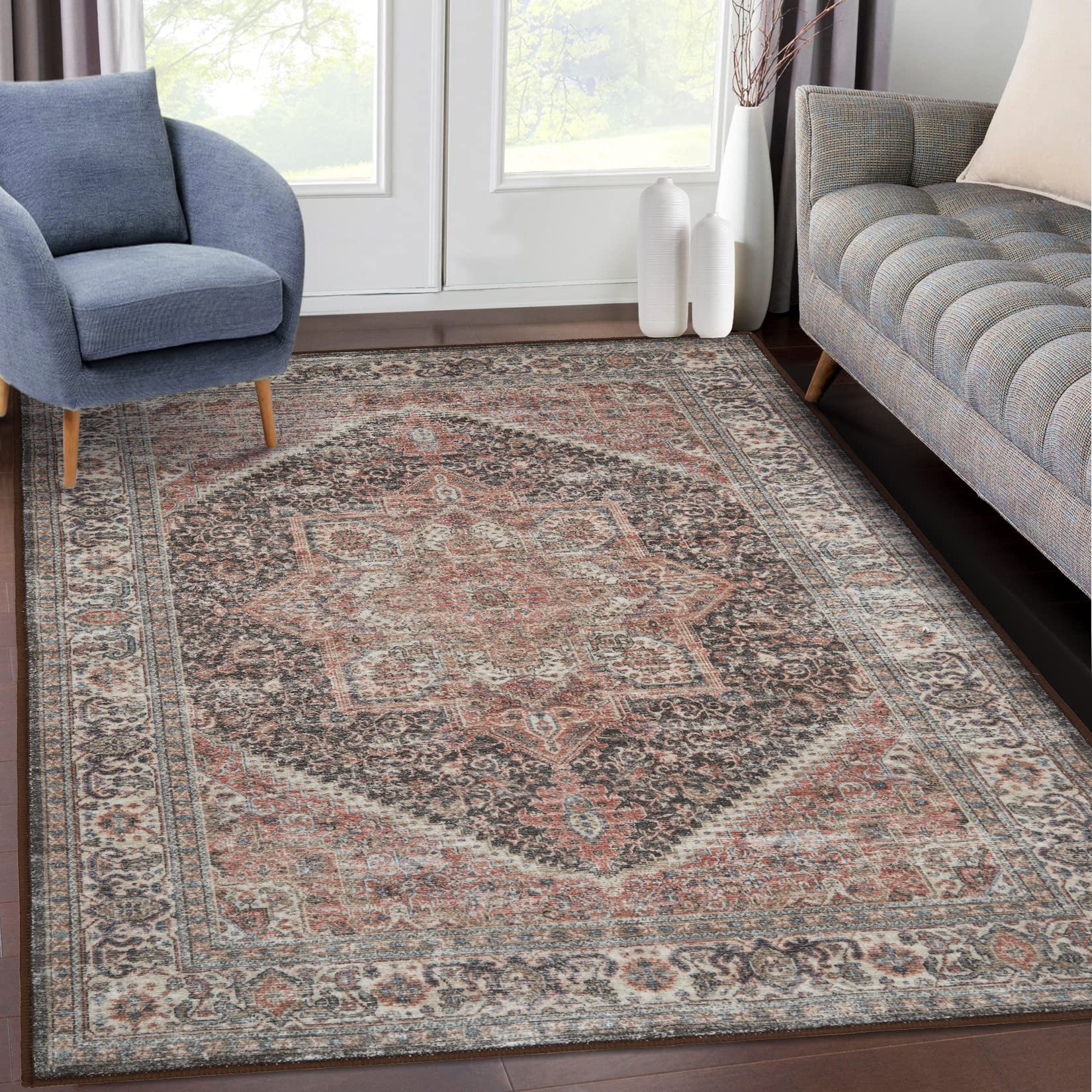 CAREMEE Area Rug 4x6 Washable Rug Vintage Rug Indoor Floor Cover Washable Accent Rug Oriental Traditional Non Slip Area Rug for Living Room Kitchen Entryway Laundry, 4' x 6' Black