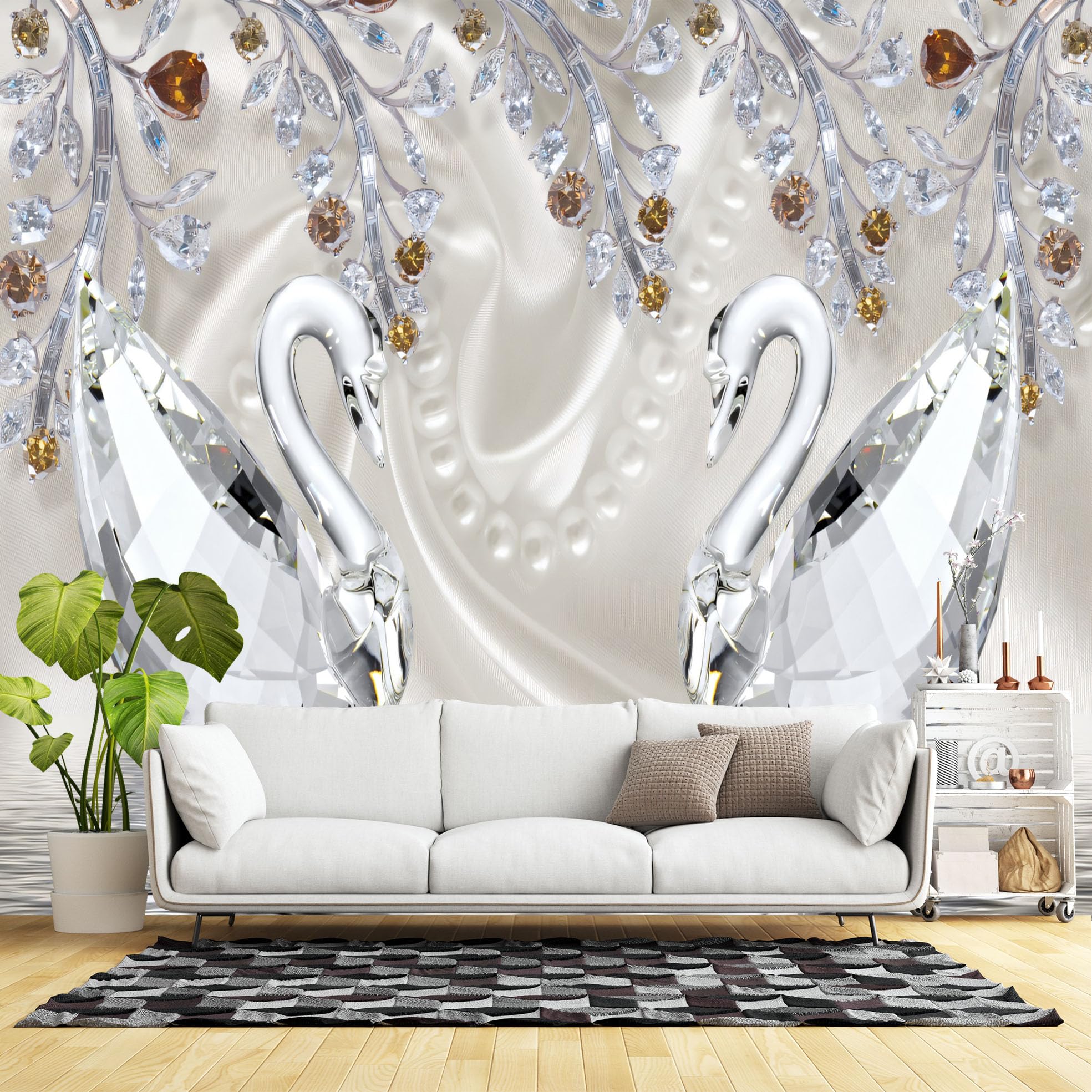 Custom Size Wall Murals,Crystal Swans Gem Branches Reflective Water Self-Adhesive Wall Fabric (NO PVC) Removable Large Photo Wallpaper for Living Room, Bedroom,Office