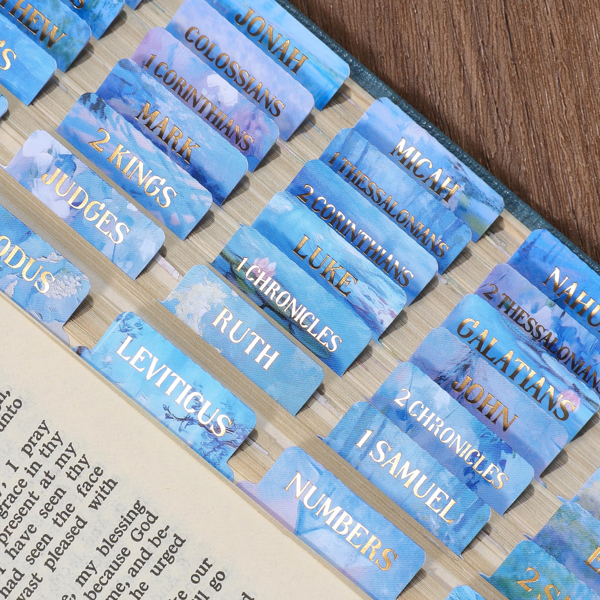 Blue Water Lilies Bible Tabs, Monet Inspired, 105 Gold Foil Index Tabs with Ruler, 66 Book Chapters and 39 Blank Stickers, Study Journal Supplies โ image 1