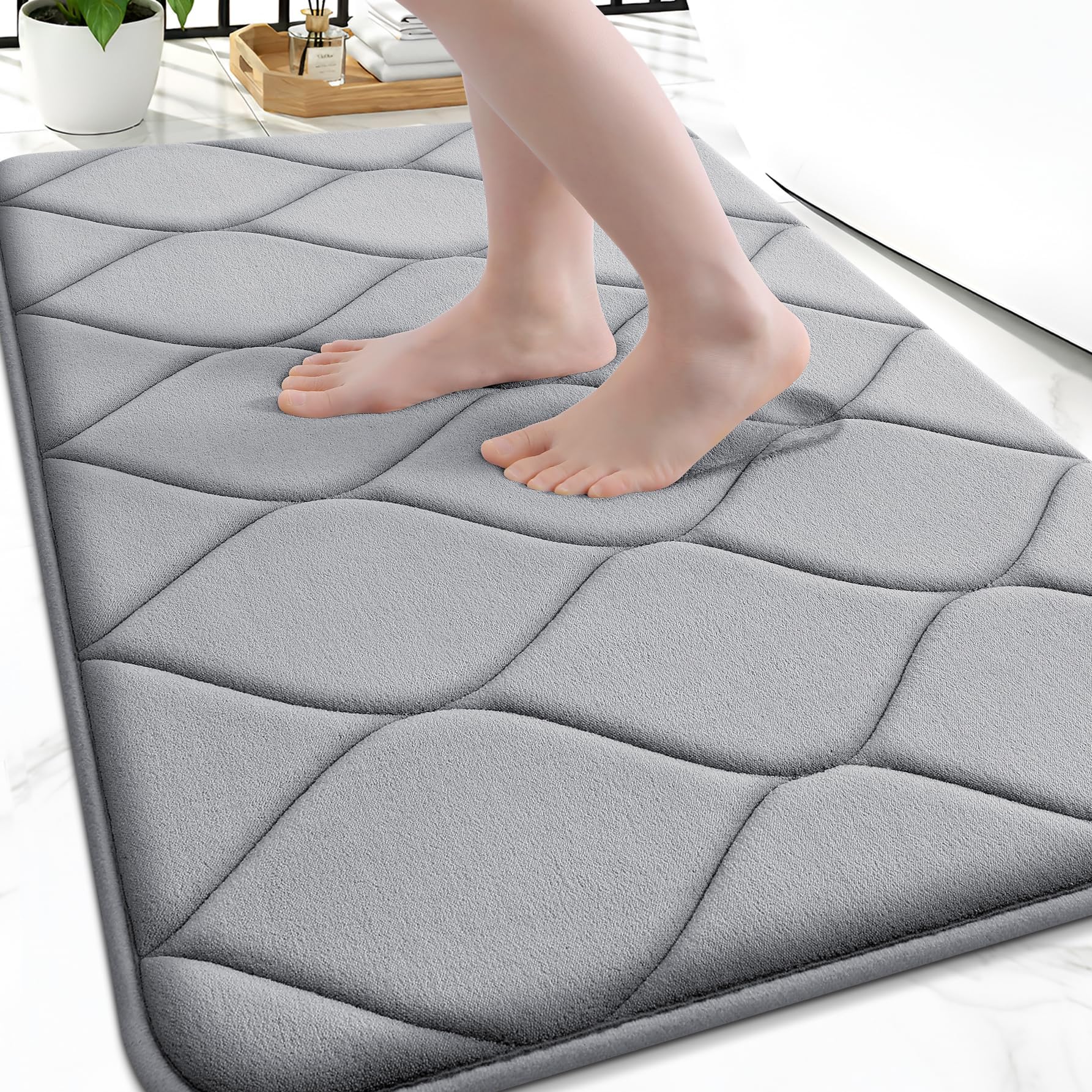 Memory Foam Bath Mat 30''x20'', Ultra Soft Non-Slip Bathroom Rug, Plush Water Absorbent Quick Dry and Machine Washable Floor Mat for Shower, Tub & Home Decor, Grey