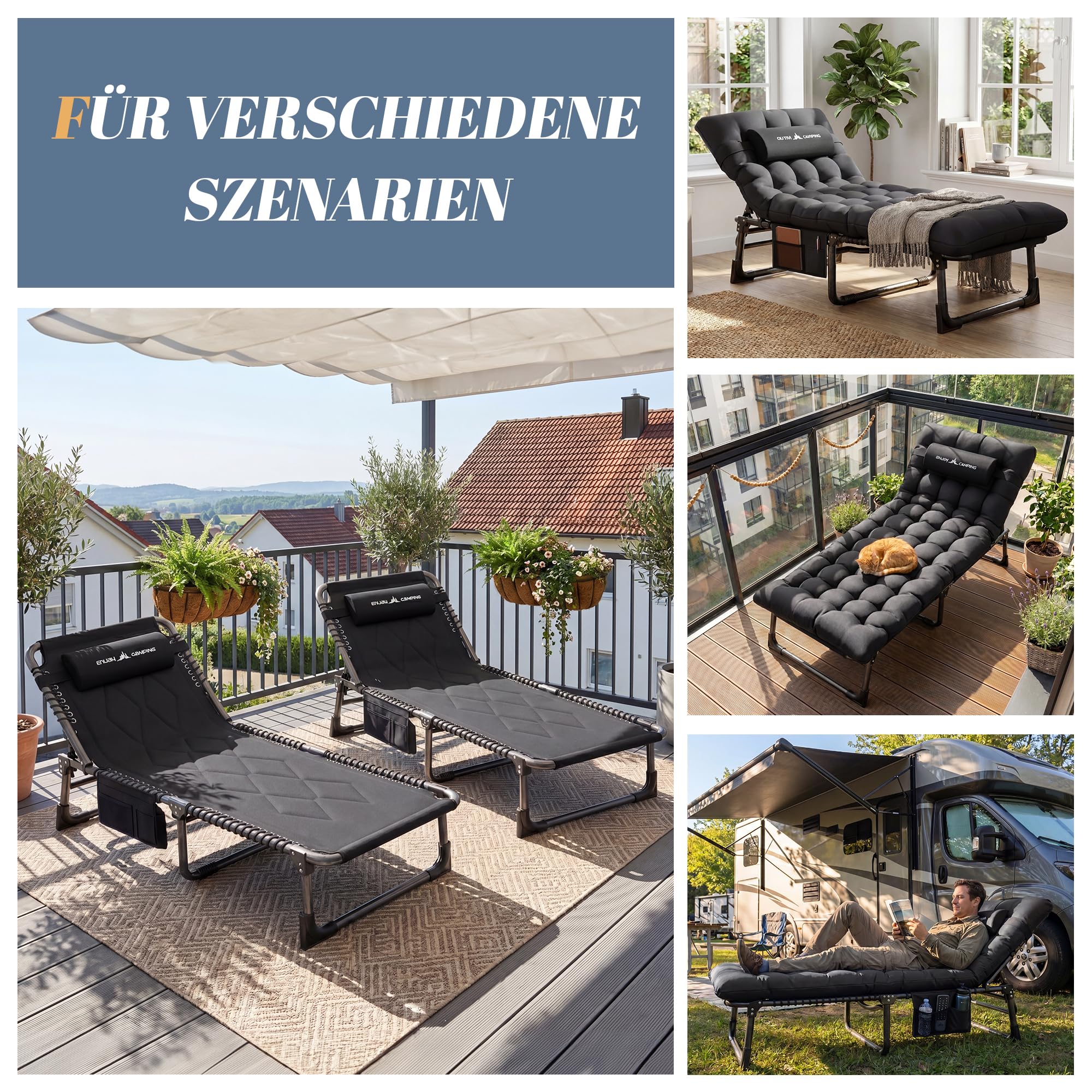 UDPATIO Camping Betten Feldbetten Klappbar, Liegestuhl Mit Auflage Polster, Gartenliege mit Verstellbarer Rückenlehne, Strandliege Campingliege für Outdoor Camping Schwarz