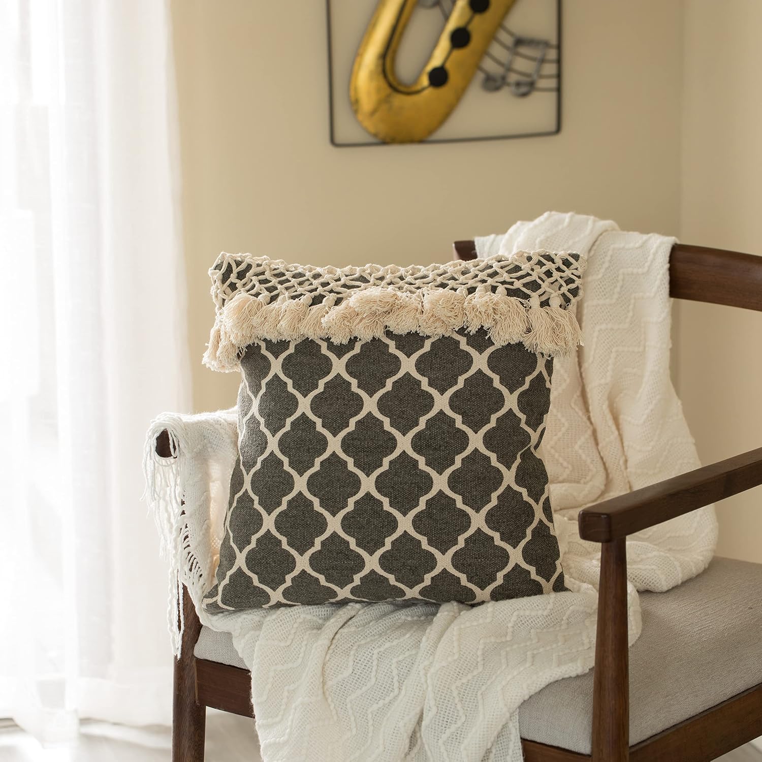 Deerlux 16" Handwoven Cotton Throw Pillow Cover with Ogee Pattern and Tasseled Top, Charcoal