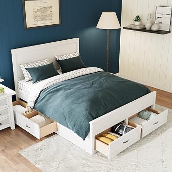 Queen Storage Bed Frame with 6 Drawers, Solid Wood Platform & Slat Support, No Box Spring Needed White