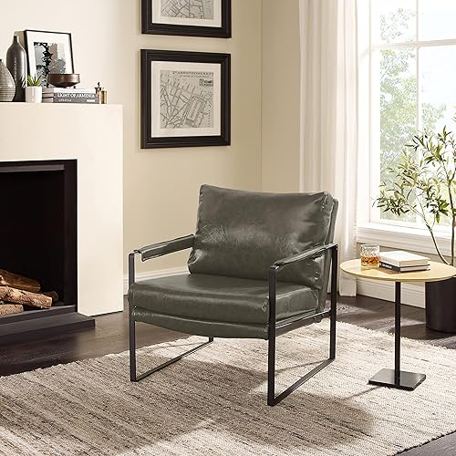 Miniatura 34 de Art Leon Juego de 2 sillas de acento de piel sintética moderna de mediados de siglo, silla de salón con patas de metal negro, color negro