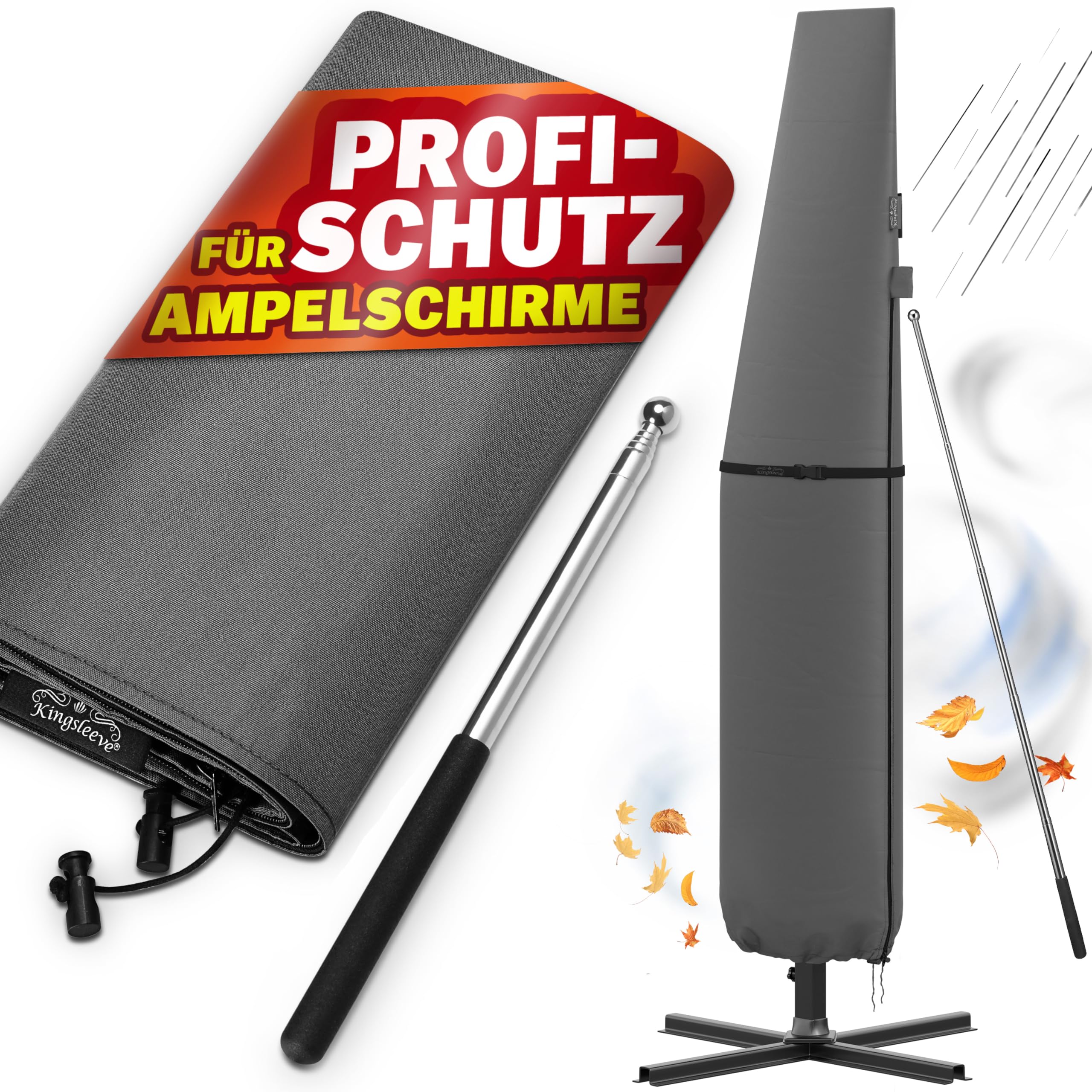 KINGSLEEVE® Sonnenschirm Schutzhülle mit Stab bis Ø 350 cm Winterfest Groß Ampelschirm Gartenschirm Abdeckung Abdeckhaube Hülle Plane Schirmhülle Grau