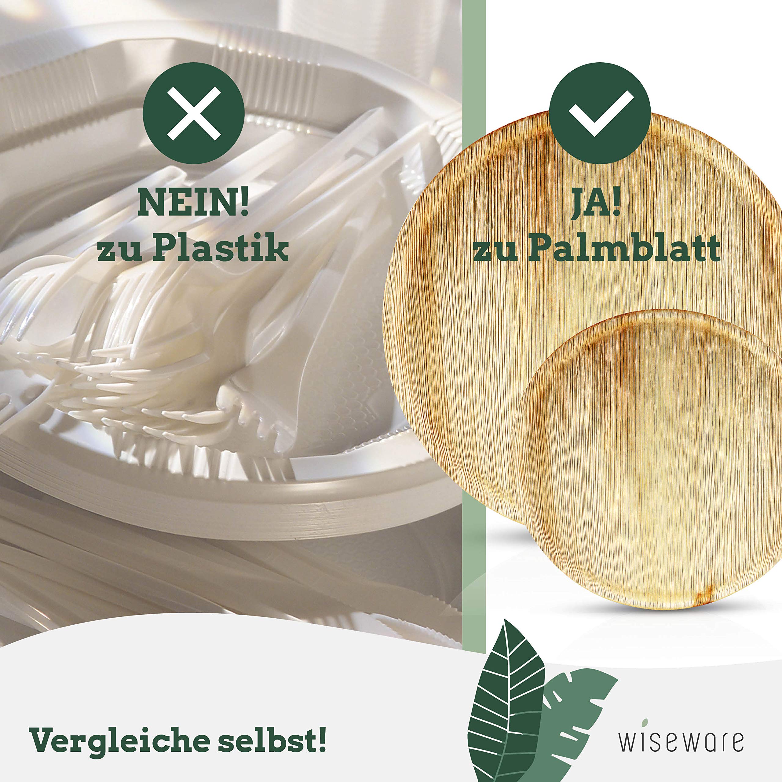 Wiseware Jednorazowa deska do pizzy z liścia palmowego, okrągła, płaska, Ø 25 cm, biodegradowalna zastawa z liści palmy, kompostowalne naczynia na imprezę, ekologiczne naczynia jednorazowego użytku (50, Ø 25 cm)