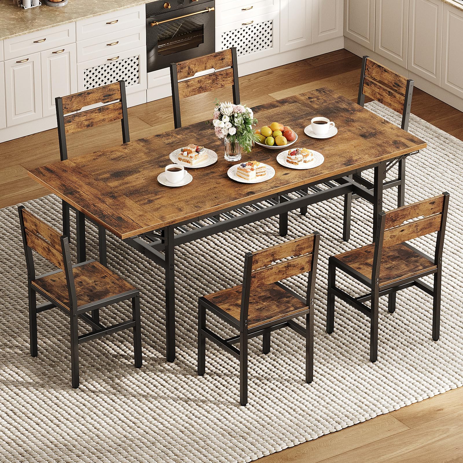 RALGEND 7-Piece Dining Table Set, 63" Extendable Foldable Table with 6 Chairs, Industrial Style Kitchen Set with Storage Shelf, Metal Frame Furniture