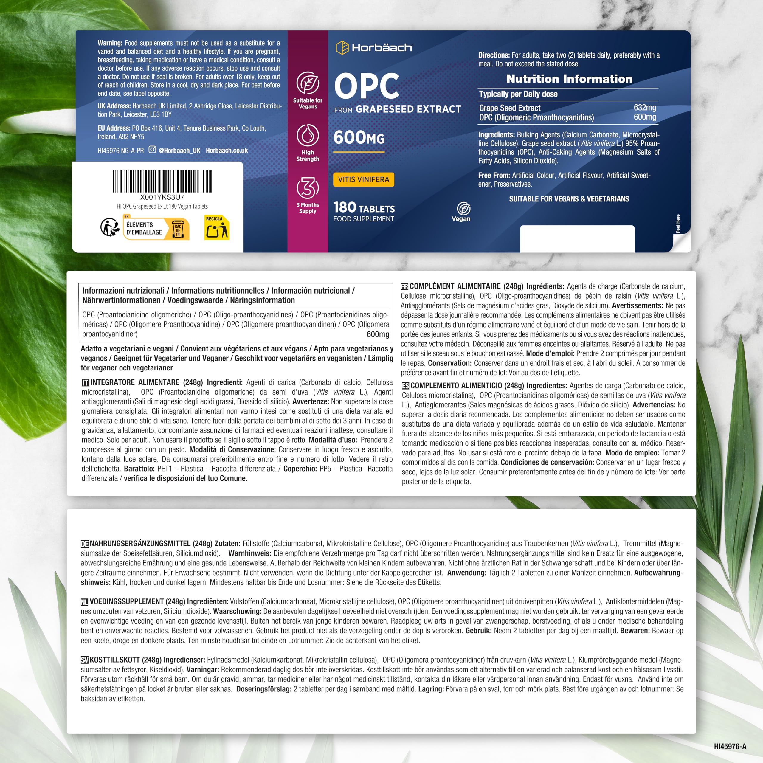 OPC Extrait de Pépins de Raisin | 180 Gélules Vegan | 95% OPC Raisin | Vitis Vinifera L. | Proanthocyanidines Oligomére Fortement Dosé | Grapeseed Extract | par Horbaach