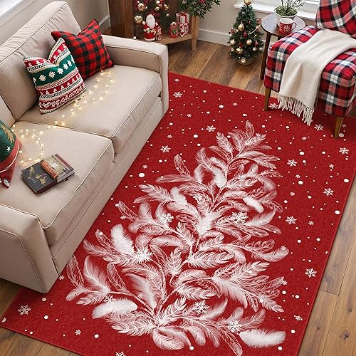 Miniatura 9 de Alfombra de Navidad 5 x 7, roja, lavable, antideslizante, para festividades, con renos y árbol de Navidad, para sala de estar, dormitorio, comedor,