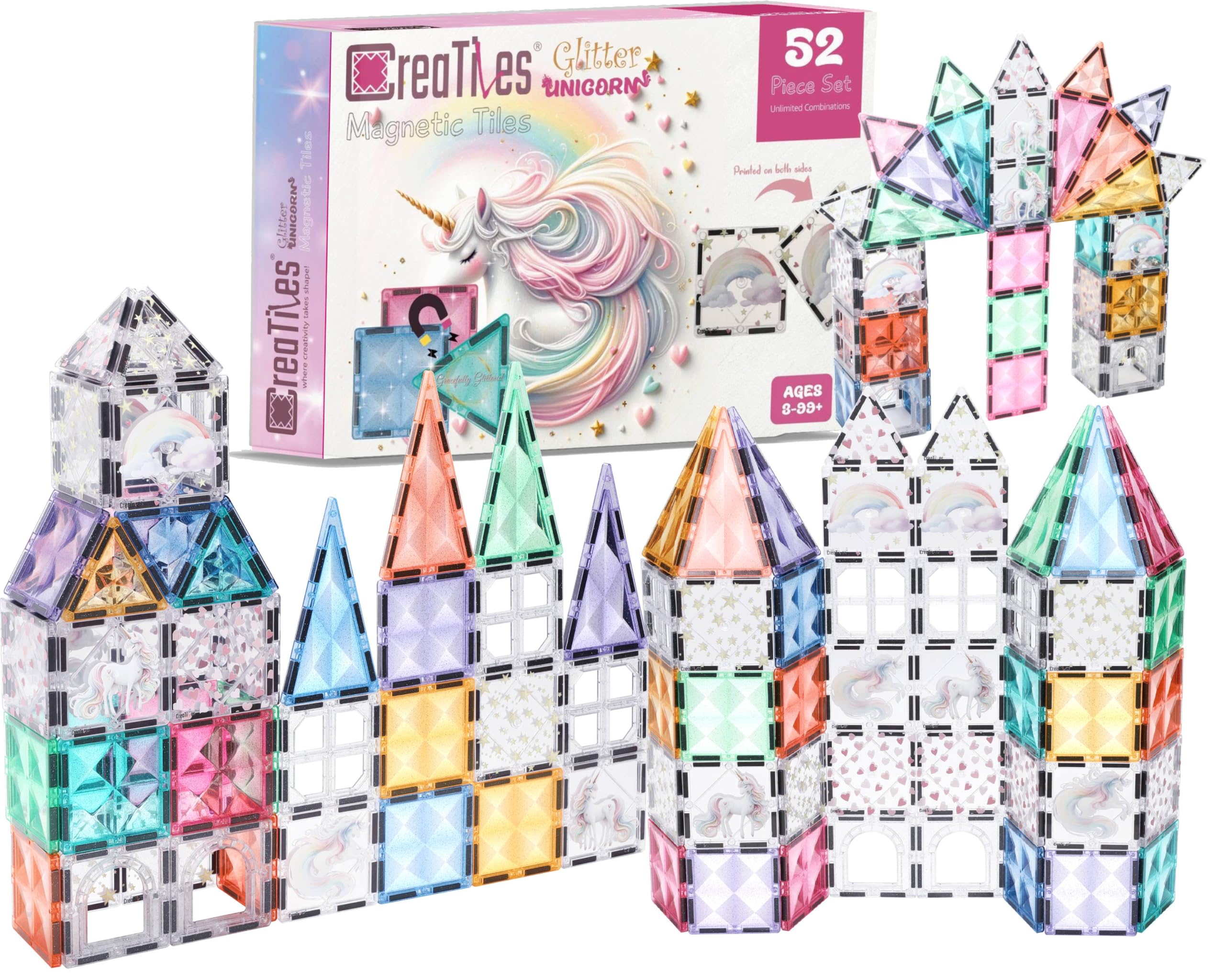 Glitter Unicorn Pony Magnetic Tiles: Building Blocks Toys for Kids - Hearts, Stars, Rainbow Castle Playset for Creative Kids, STEM Frozen Princess Birthday Gift for Girls Ages 3 4 5 6 7 8 and Up