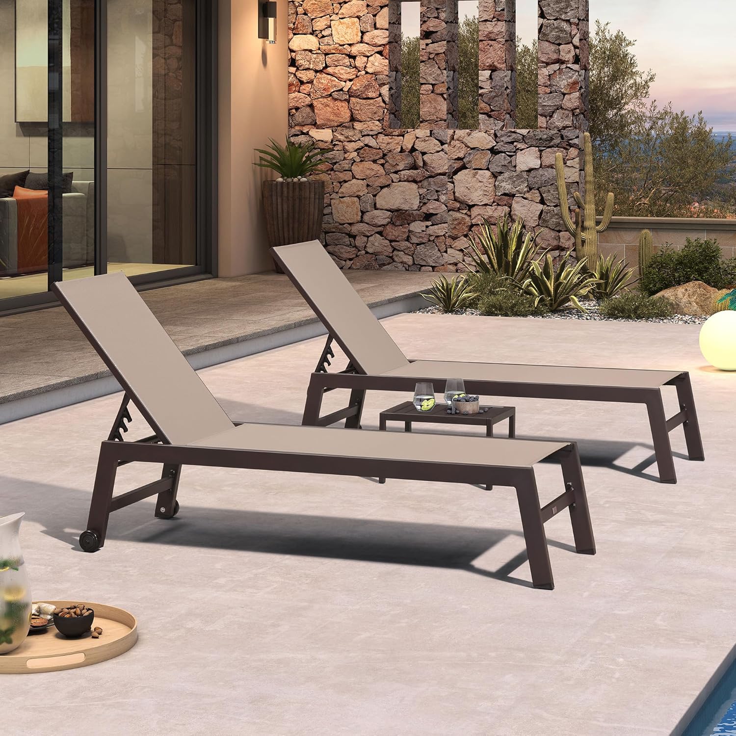 PURPLE LEAF Outdoor Chaise Lounge Chair Set of 2, Patio Pool Textilene Loungers with Adjustable Backrest and Wheels, Includes Side Table for Deck, Lawn, Garden, Taupe