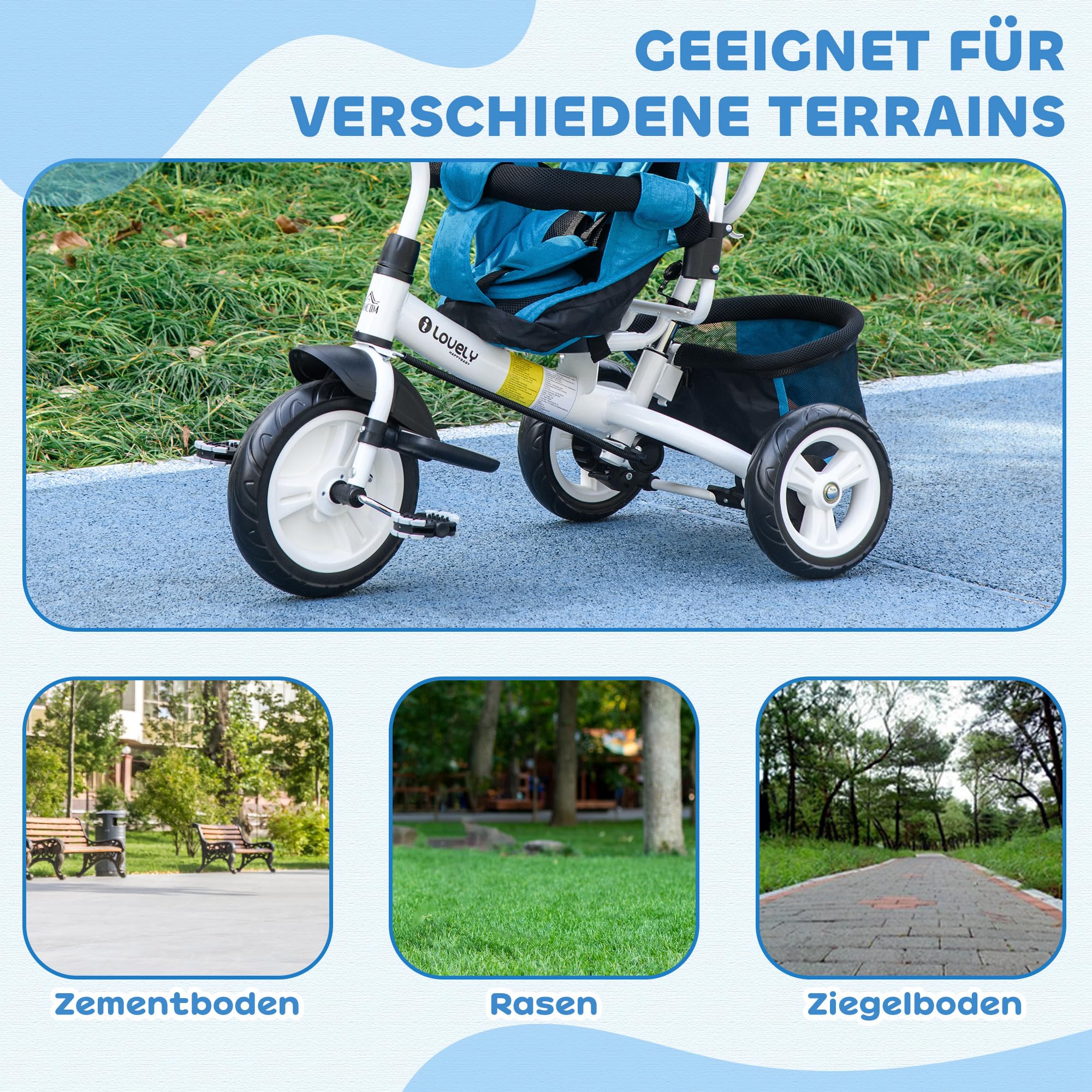 HOMCOM Dreirad 6-in-1 mit Schubstange für 1-5 Jahre Kinder bis 25kg, Kinderdreirad mit Vorwärts und Rückwärtsfahrt, Korb Tasche Becherhalter Sonnendach, Blau