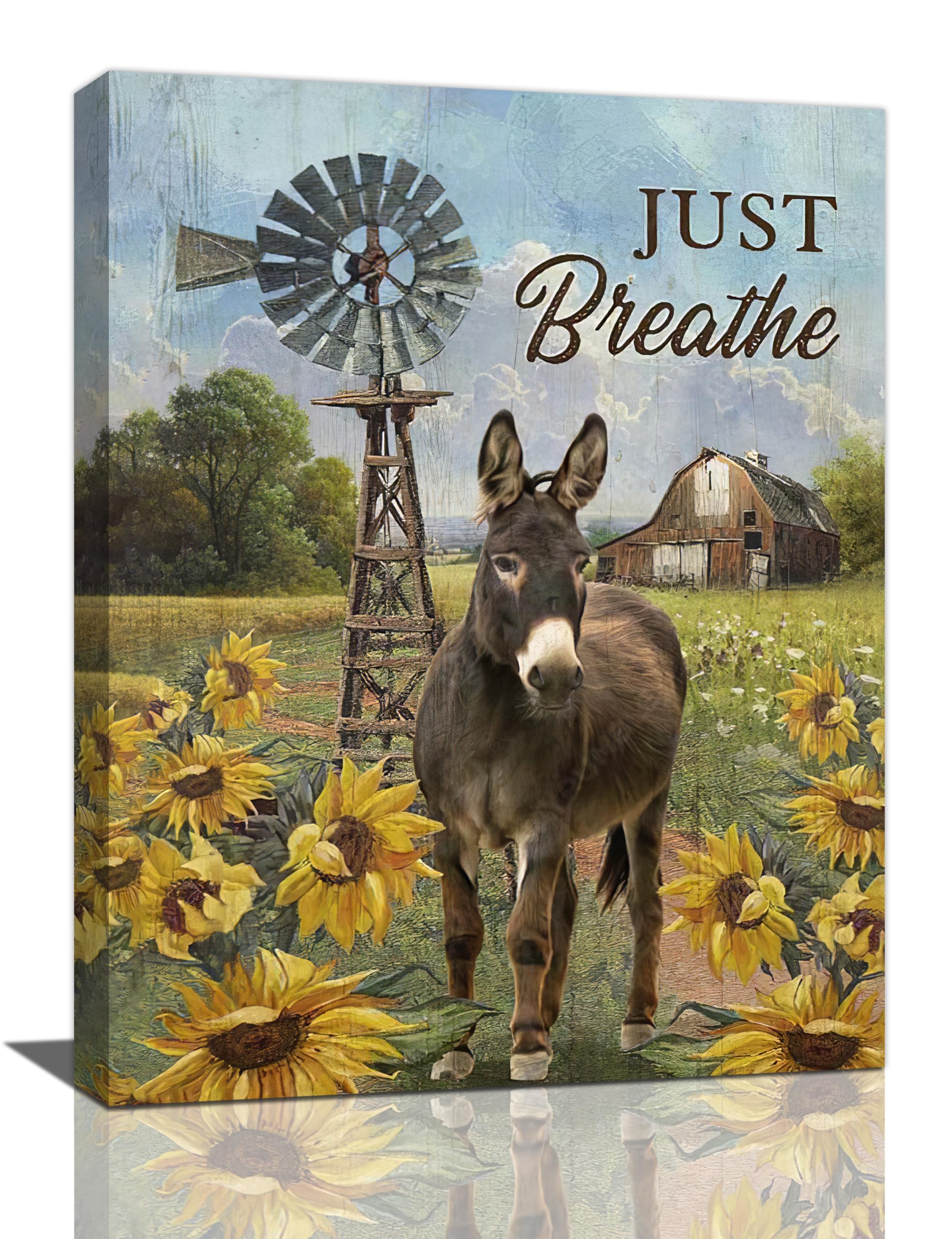 Yibuda Farmhouse Donkey Wall Art Rustic Old Barn Windmill Pictures Wall Decor Country Donkey Canvas Print Just Breathe Painting Framed Modern Home Artwork For Bathroom Office Bedroom 12"X16"