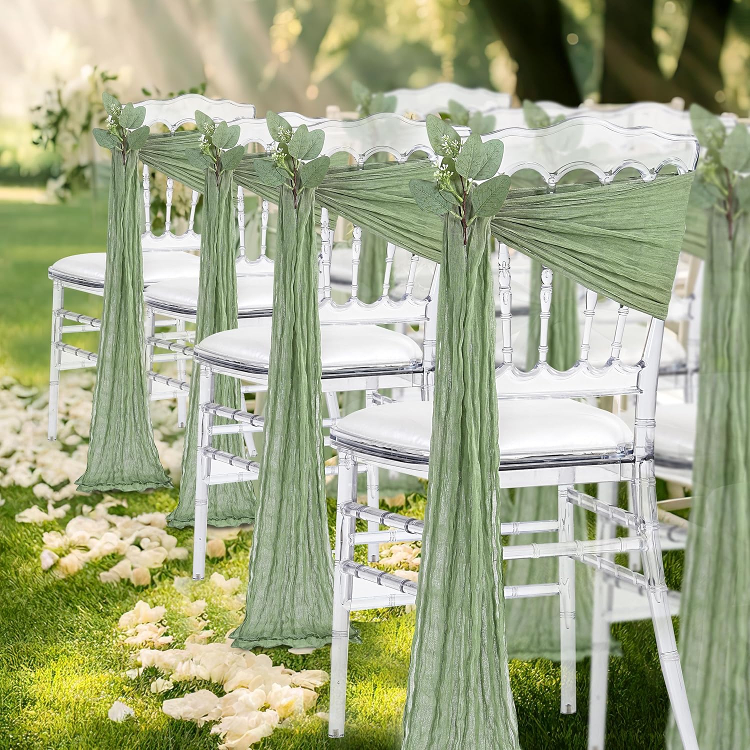 Sage Green Wedding Chair Sashes: 16 Packs Cheesecloth Chair Cover with Artificial Eucalyptus - Reception Party Hotel Aisle Decoration