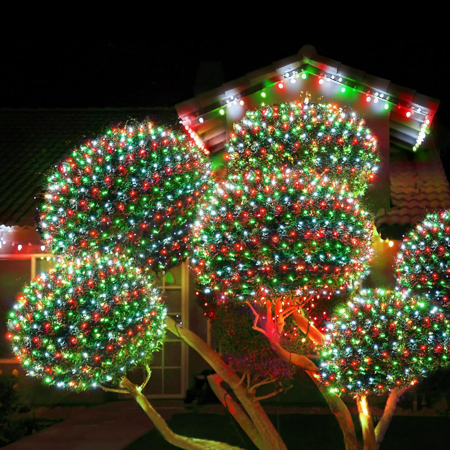 WBao F8 Big Bulbs Christmas Net Lights, 200LED 8.4ft x 5.2ft Christmas Bushes Lights with 8 Modes, Timer, End to End Connectable, Waterproof for Lawn, Bushes Outdoor Xmas Decorations, Red Green White