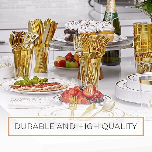 Miniatura 4 de SIRSIMON Juego de vajilla desechable de plástico dorado de 250 piezas, 50 platos de plástico dorados, 25 cubiertos de plástico dorados, 25 tazas y