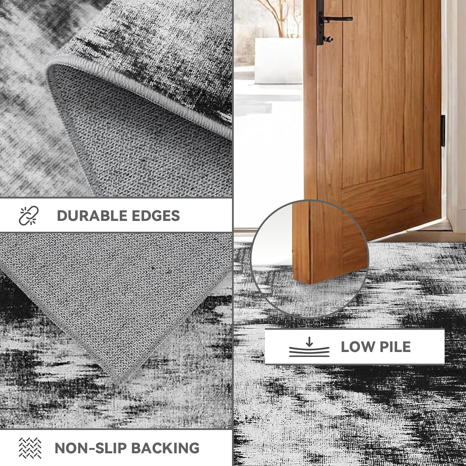 3x6 Kitchen Hallway Runner Rug: Long Washable Rug Runner Non-Slip Indoor Abstract Rugs - Low Pile Soft Floor Runners for Bedroom Living Room Dining Entryway Bathroom Laundry Black White 3x6
