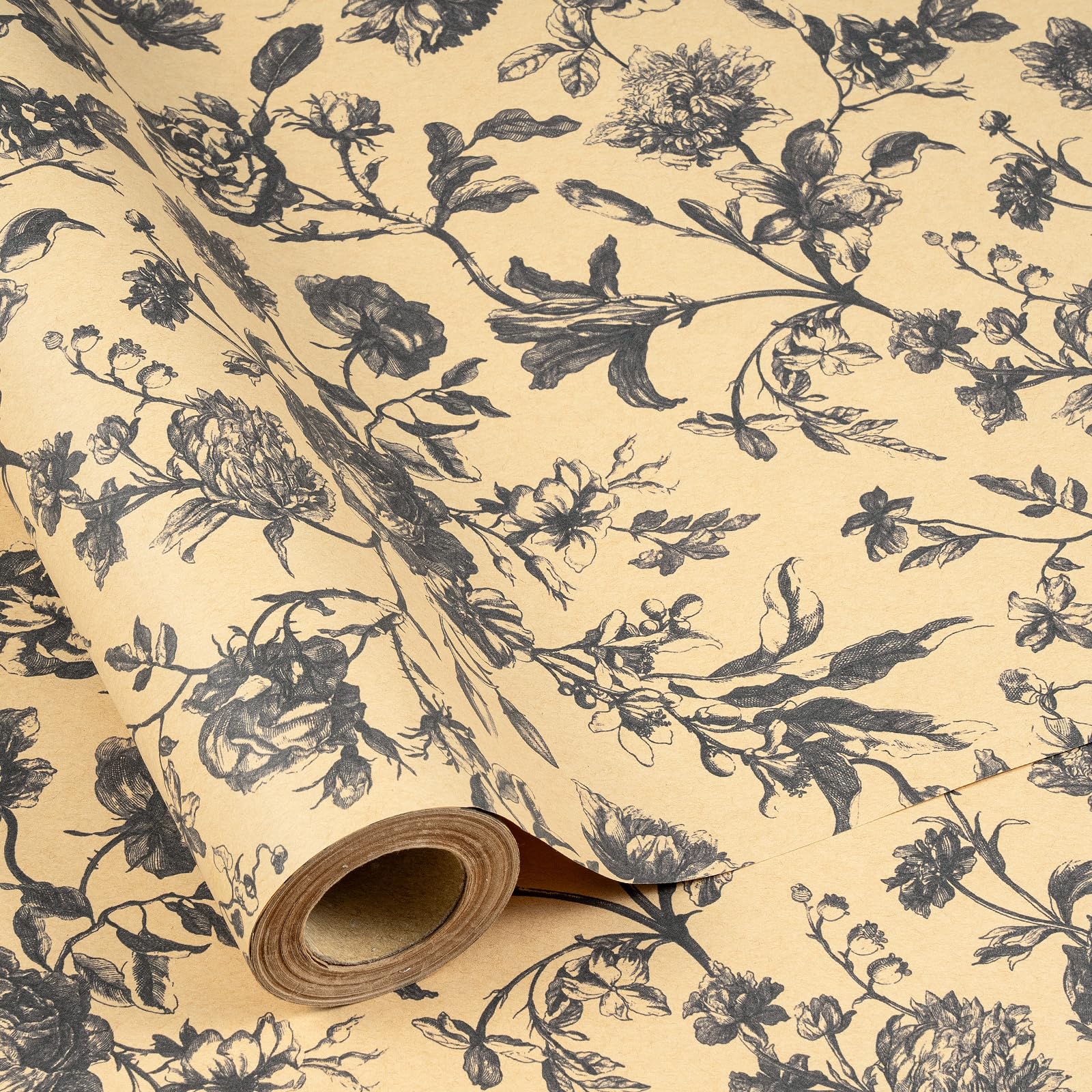 RUSPEPA Mini Vintage Kraft Wrapping Paper Roll Black Sketch Floral Design Elegant for Weddings Birthdays Bridal Showers Motherโs Day 43.2cm x 5m