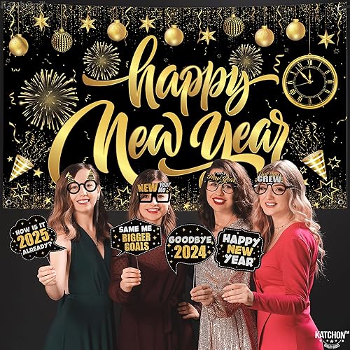 Miniatura 8 de KatchOn, Suministros para fiesta de Año Nuevo 2024, juego de 48  Cartel de feliz año nuevo negro y dorado, accesorios para fotos de Año Nuevo,