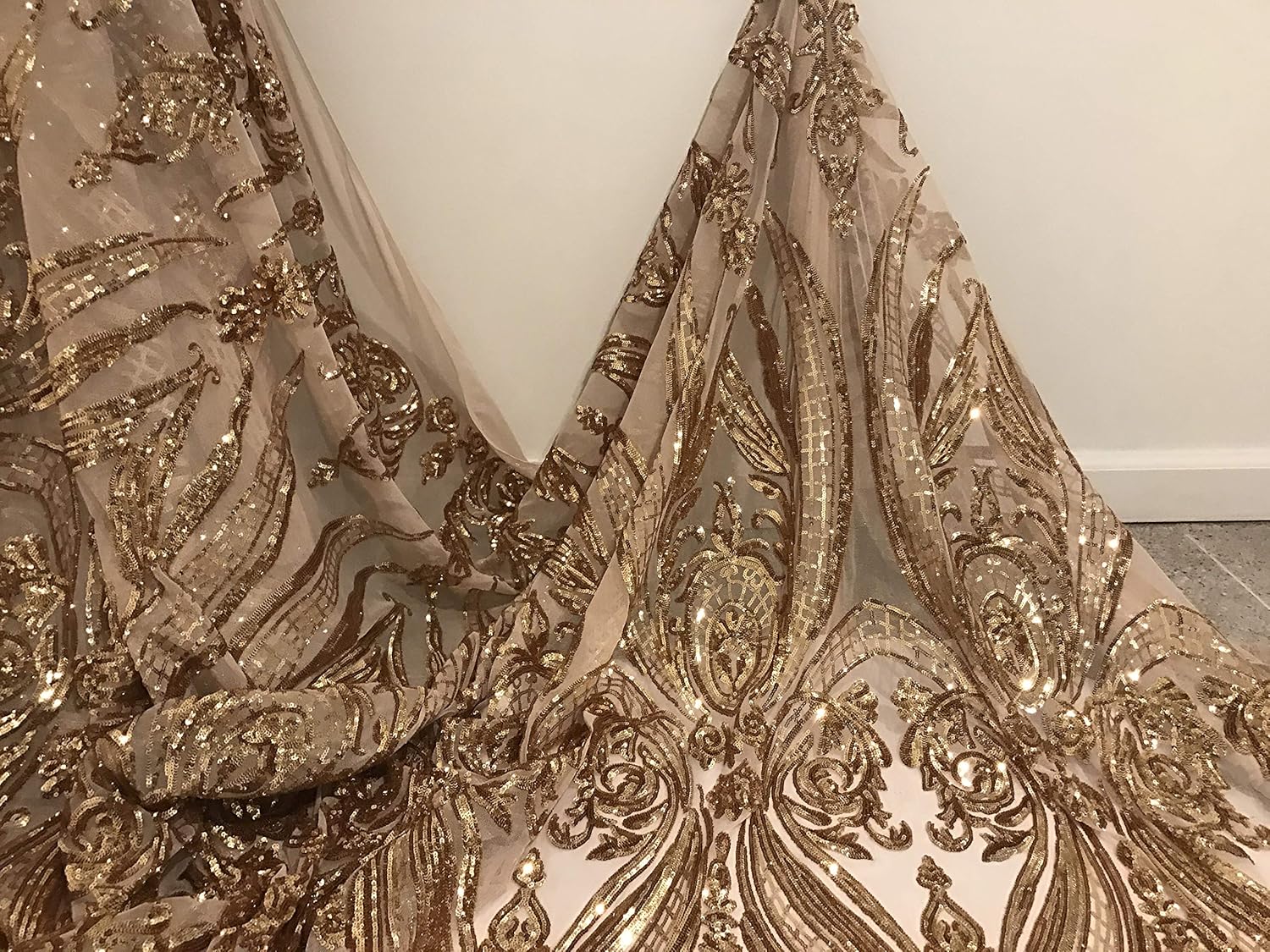 4way Stretch Gold Mesh W/Gold Sequins Lace Fabric 50” Width Sold by The Yard