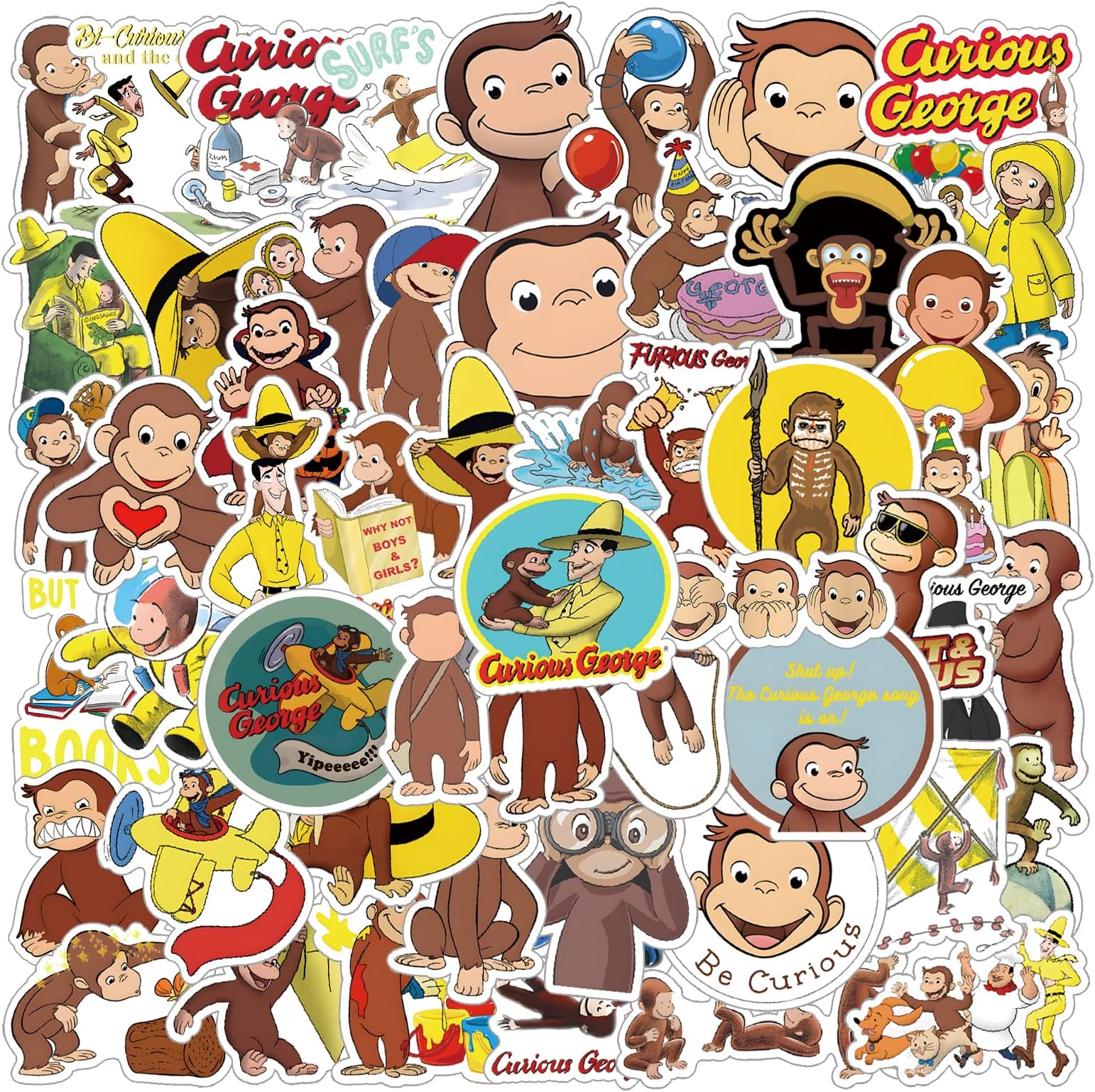 55 Pcs Curious George Monkey Storybook Cartoon Vinyl Waterproof Stickers for Water Bottle Laptop Motorcycle Skateboard Phone for Birthday Party Choice Decorative Supplies Favors