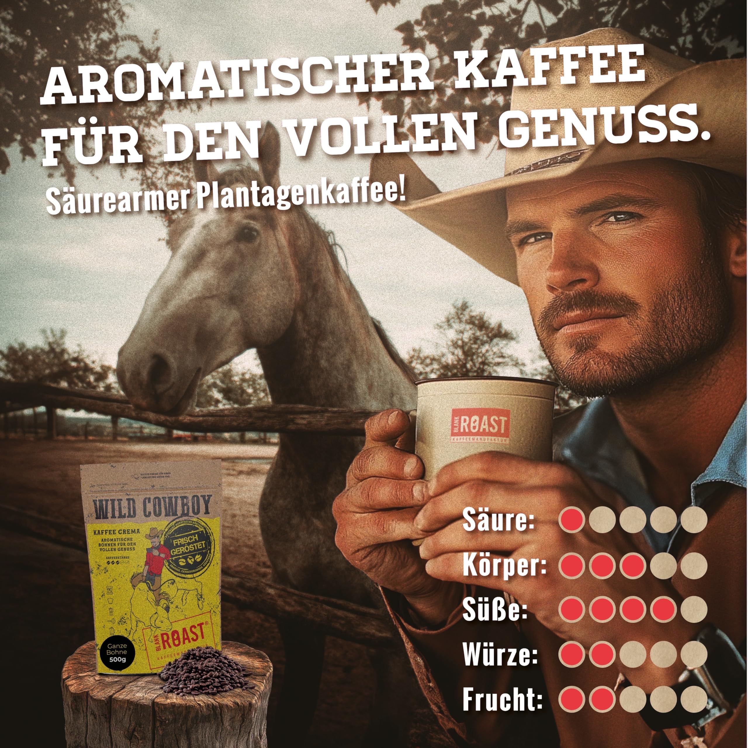 Blank Roast - Wild Cowboy Kaffee - Kaffeebohnen 1kg (3er Pack) - mit Hickoryholz geröstet - Ganze Kaffeebohnen aus Brasilien & Uganda - 100% Arabica-Blend mit schokoladigen Nuancen - säurearm