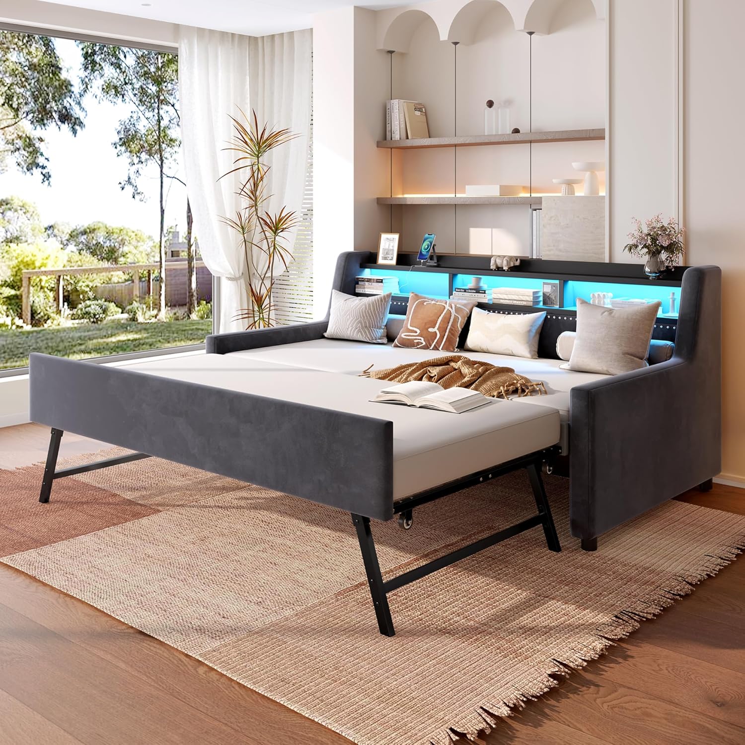 Twin to King Daybed with Pop Up Trundle, King Size Day Bed Frame with LED Lights, USB/Type C Charging Station, Storage Shelf, Velvet Daybed with Trundle Bed Twin for Living Room,Bedroom (Dark Grey)