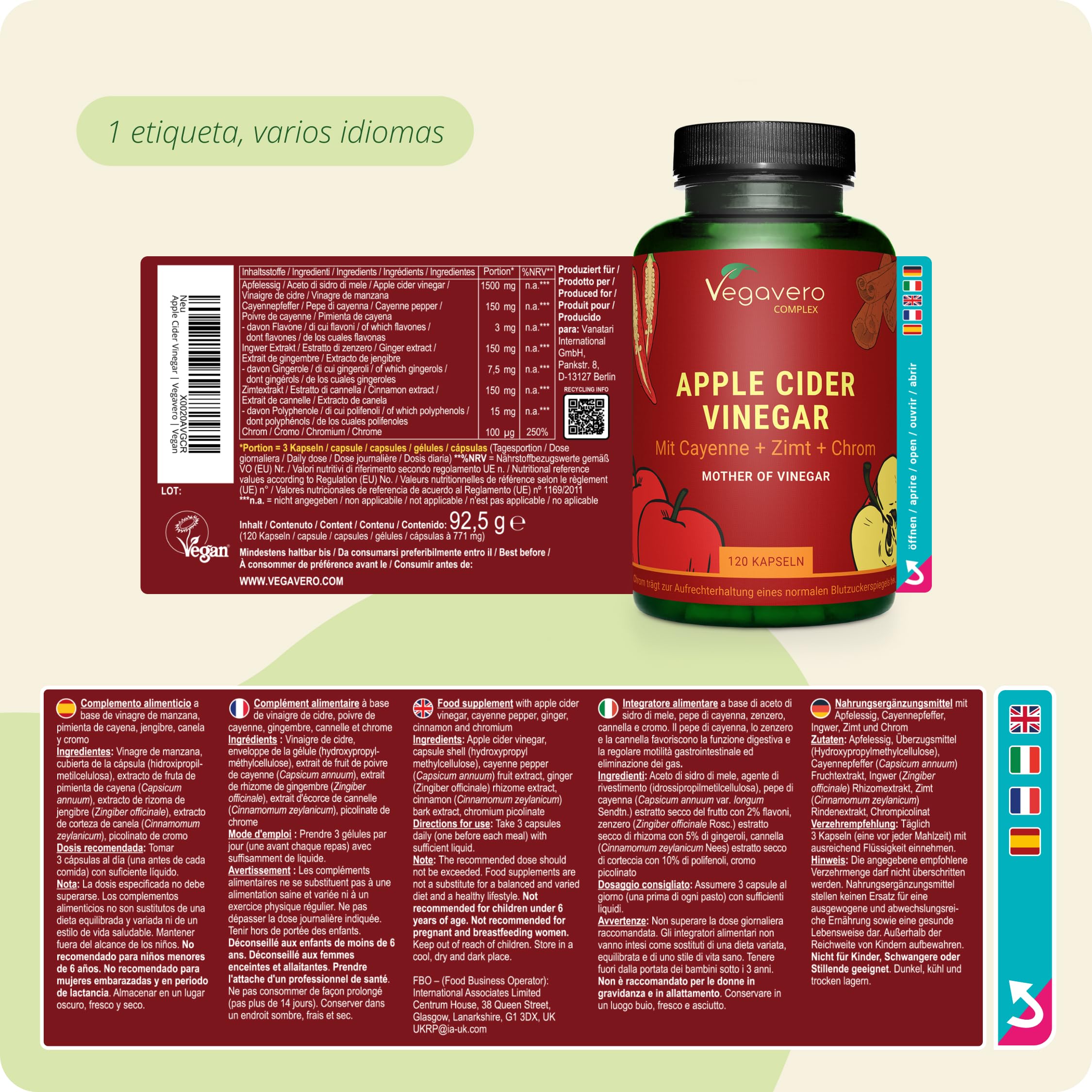 Vinagre de Sidra de Manzana Con Madre | Alta Dosis: 1950 mg | Con Cayena, Jengibre, Canela y Cromo | Apoyo Metabólico Completo | 120 Cápsulas | Vegano y Sin Aditivos | Vegavero