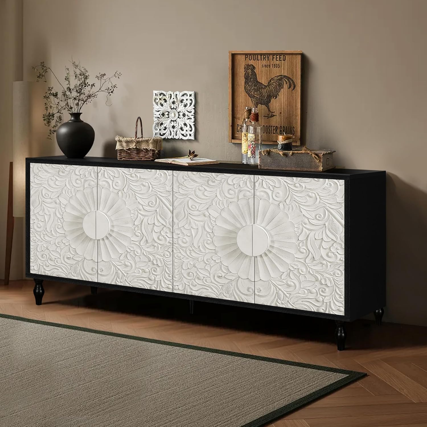 Favfurish Vintage White Carved Flower Symmetrical Design Door,Black Coloured Frame,Multifunction TV Stand Table,Sideboards,Accent Cabinets,for Living Room,Entryway,Kitchen