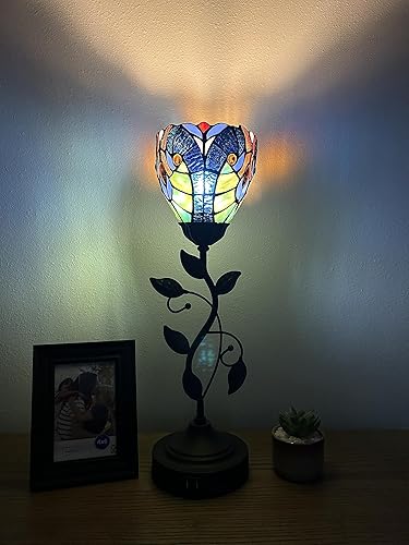 Miniatura 4 de Tiffany - Mini lámpara de mesa con antorcha verde y azul, hojas de metal, base de bronce, incluye bombilla LED, puertos USB para sala de estar,