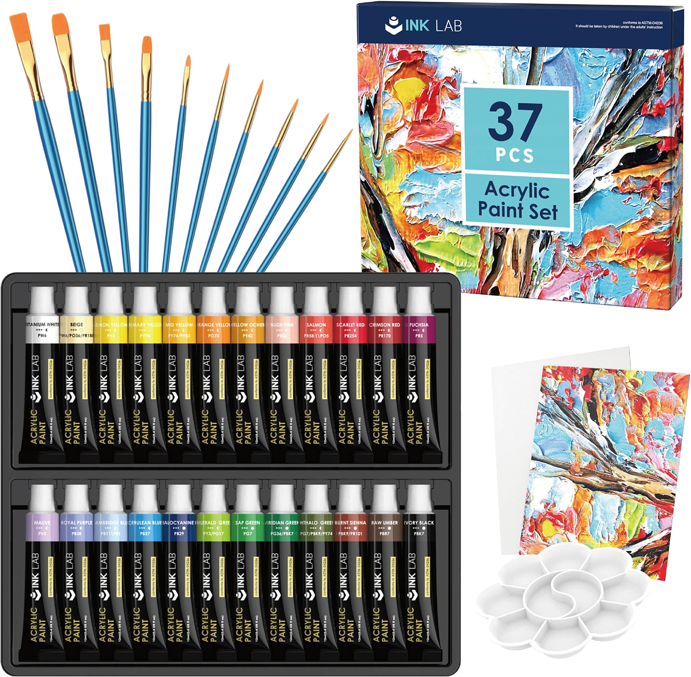 INK LAB Acrylic Paint Set 24 Tubes Non Toxic Acrylic Craft Paints with