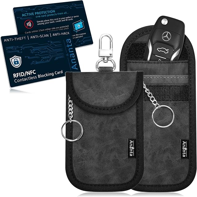 Ananta Faraday Pouch for Car Keys, 2 Pack Faraday Bag Plus 2 x RFID/NFC Contactless Blocking Cards, Best for RFID Car Key Signal Blocker, Anti-Theft Keyless Entry Car Remote Security 