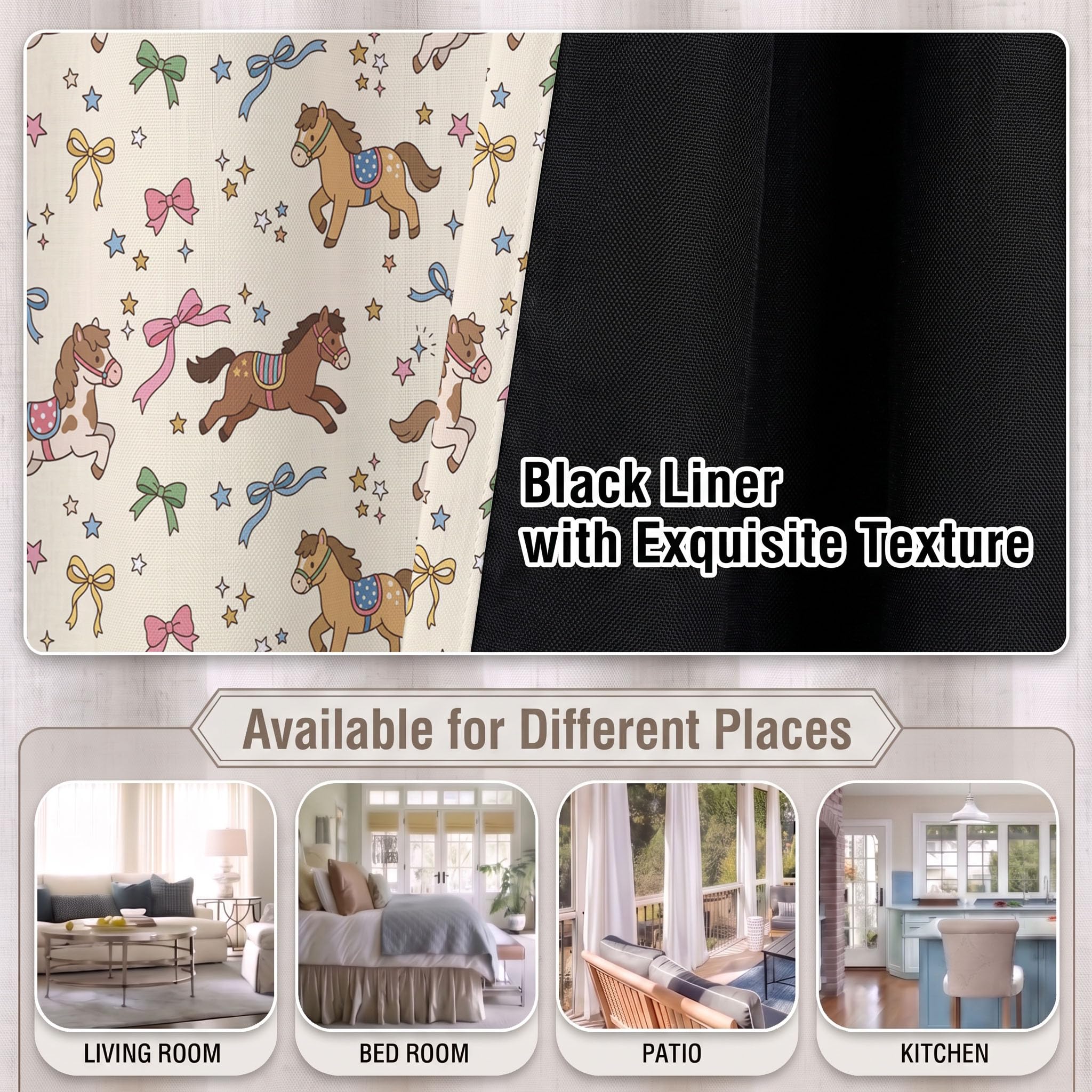 Retro-Mädchenstil Blickdichte Vorhänge mit Ösen 2er Set H160 x B140 cm | Kleines Pony Schleife Thermovorhang, Hitzeschutz, Gardinen Blickdicht, UV-Schutz für Wohnzimmer, Beige