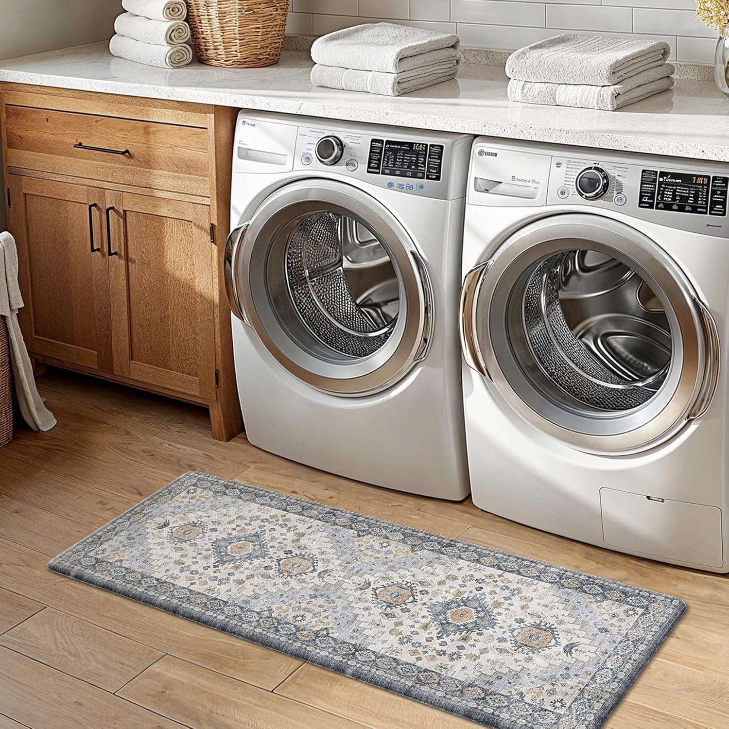 GENIMO Kitchen Mats for Floor, 2PCS Kitchen Rugs Non Slip Washable, Waterproof Anti Fatigue Mat, Comfort Standing Runner Rug for Sink, Office, Laundry, Home, 17.3"x47"+17.3"x30", Muted Blue