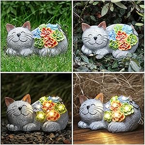 Otdair Solar Cat Decor, Birthday Gifts for Women with Succulent and 7 LED Lights, Christmas Gifts for Mom, Seniors, House Warming New Home Garden Decor for Cat Lover