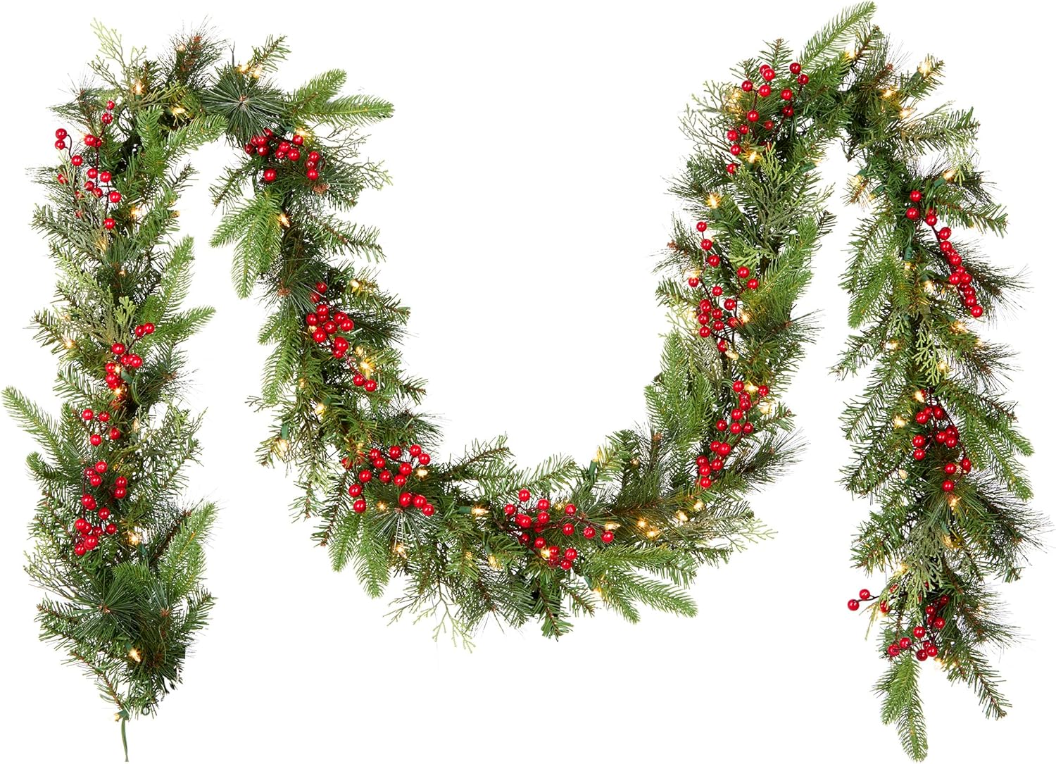 National Tree Company Pre-Lit 'Feel Real' Artificial Christmas Garland, Green, Classical, White Lights, Decorated With Berry Clusters, Plug In, Christmas Collection, 9 Feet