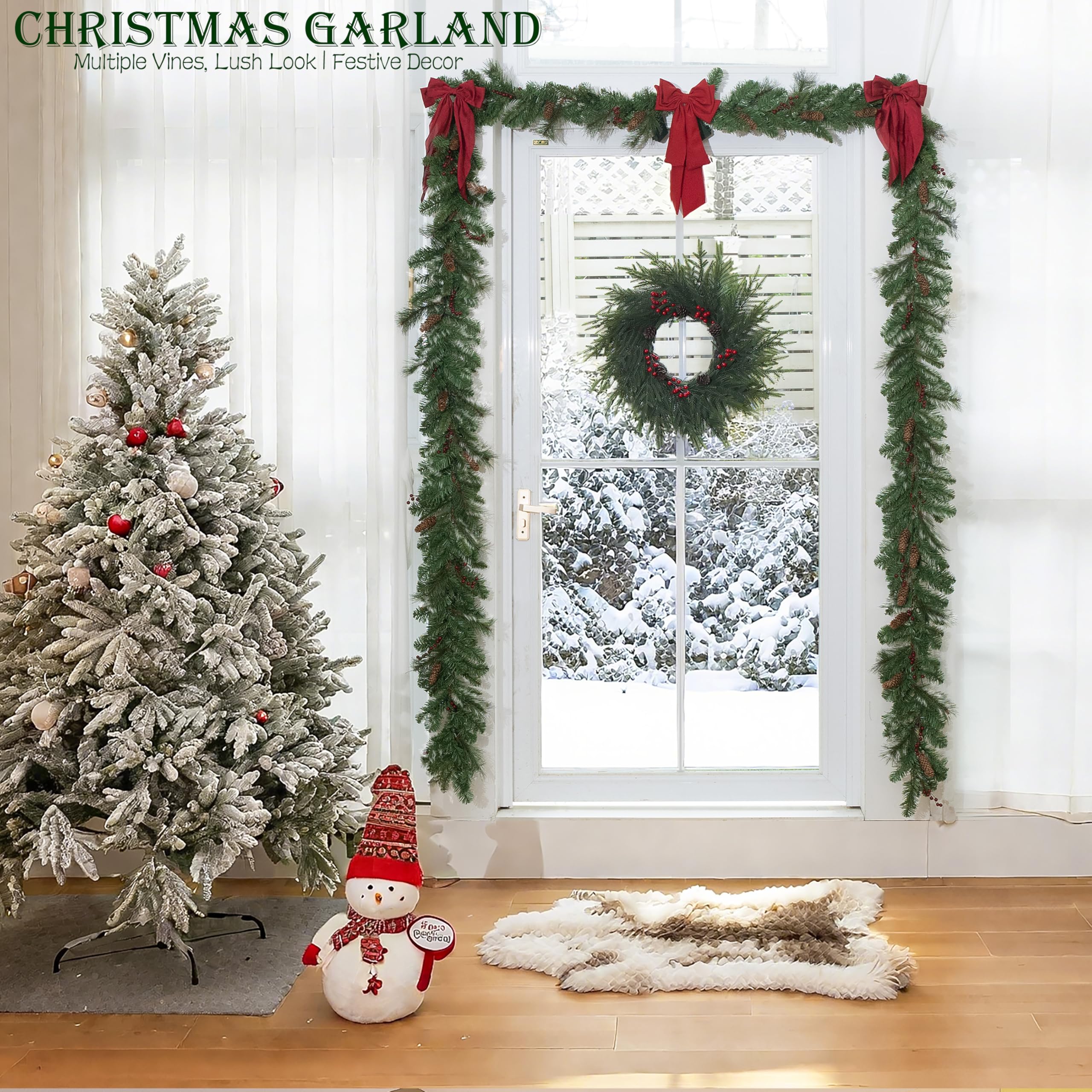 Ghirlanda di Natale artificiale pre-illuminata, pino della Carolina, luci bianche, decorata con glitter, pigne, grappoli di bacche, decorazioni natalizie a batteria, ghirlande per decorazioni