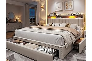 EnHomee Queen Bed Frame with 3 Spacious Drawers, Upholstered Headboard Bed Frame,...