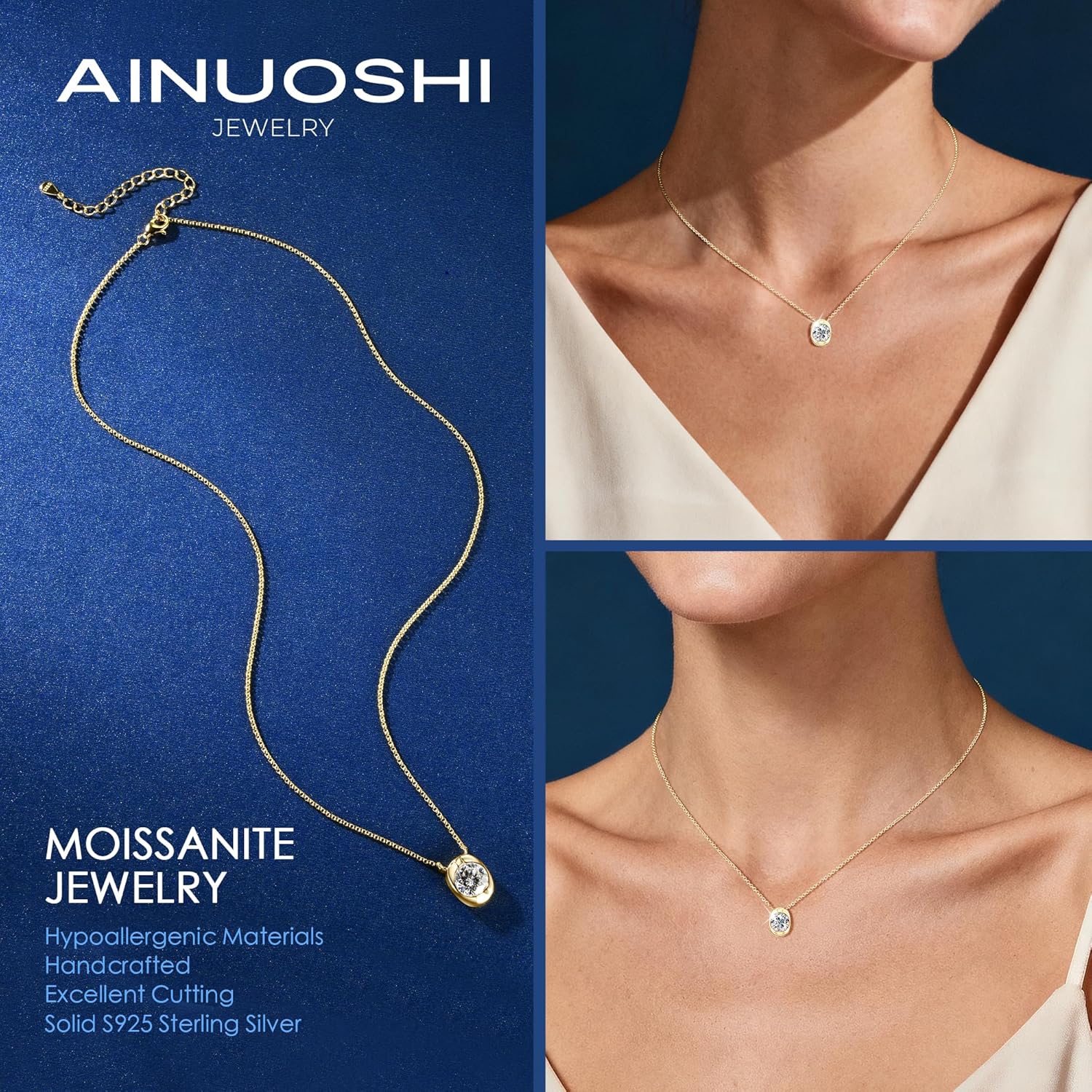 AINUOSHI 2 Carat Moissanite Necklace for Women Oval Shape Solitaire Pendant 14k Gold Plated 925 Sterling Silver GRA Certified Round Brilliant Lab-created Imitation Diamond Alternative - Image 3